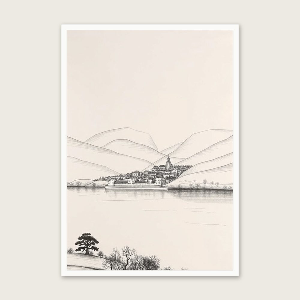 Loch Lochy Charcoal Print - Framed Black & White Landscape Wall Art - White Frame, A3