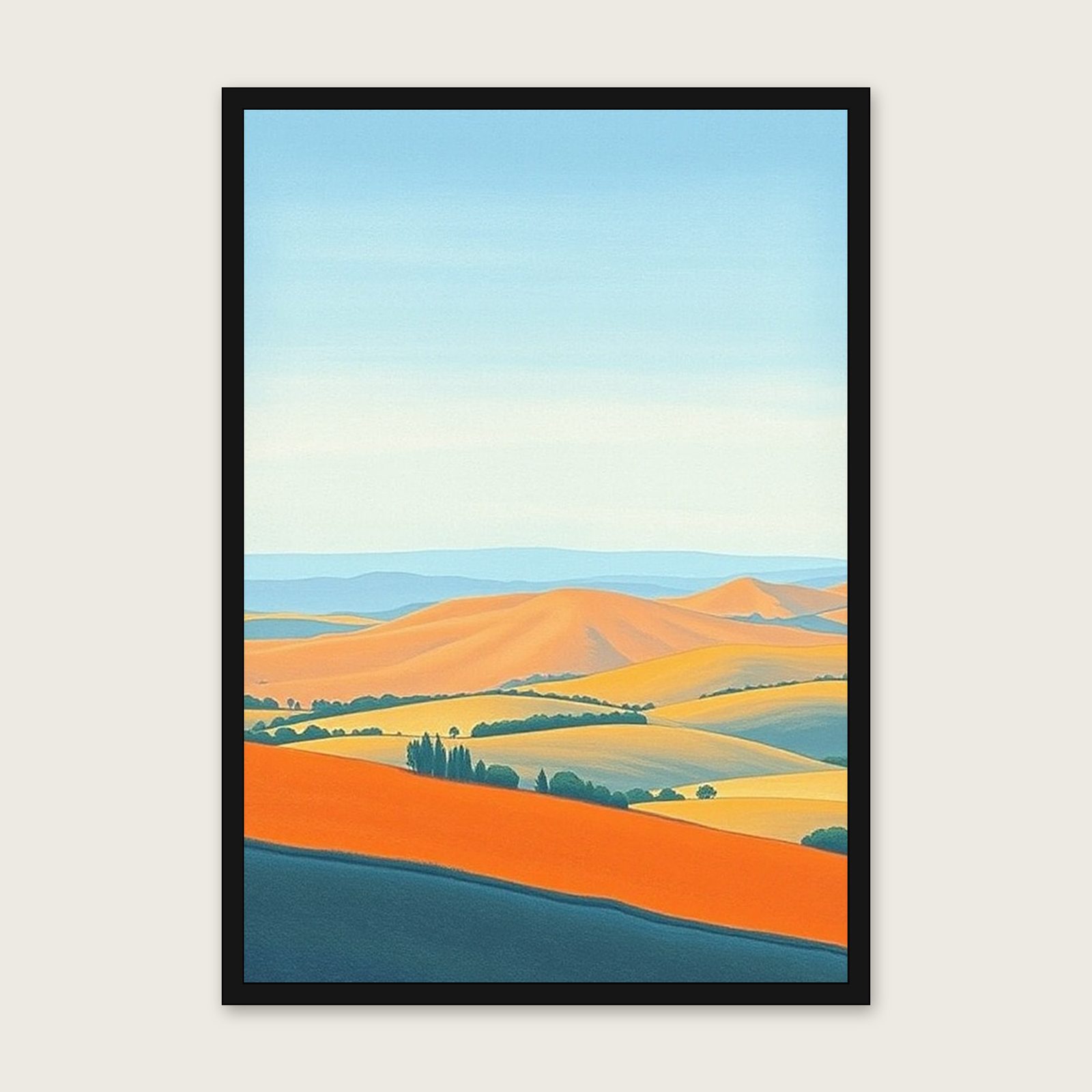 Framed Pastel Print of The Long Mynd - Bold Colour Landscape Wall Art shown in a black frame