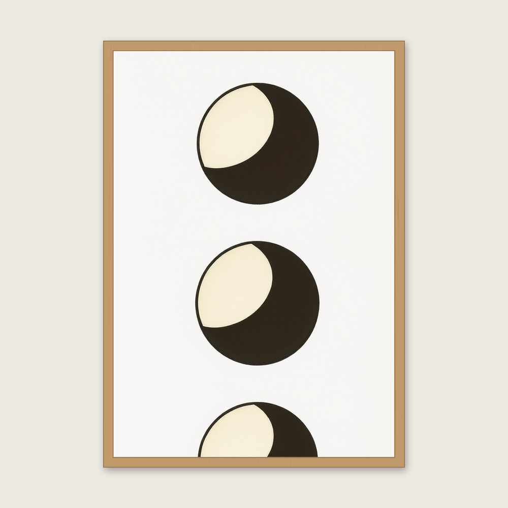 A Waxing Gibbous Moon Celestial Wall Art - Framed Two Tone Gouache Print - Oak Frame, A3
