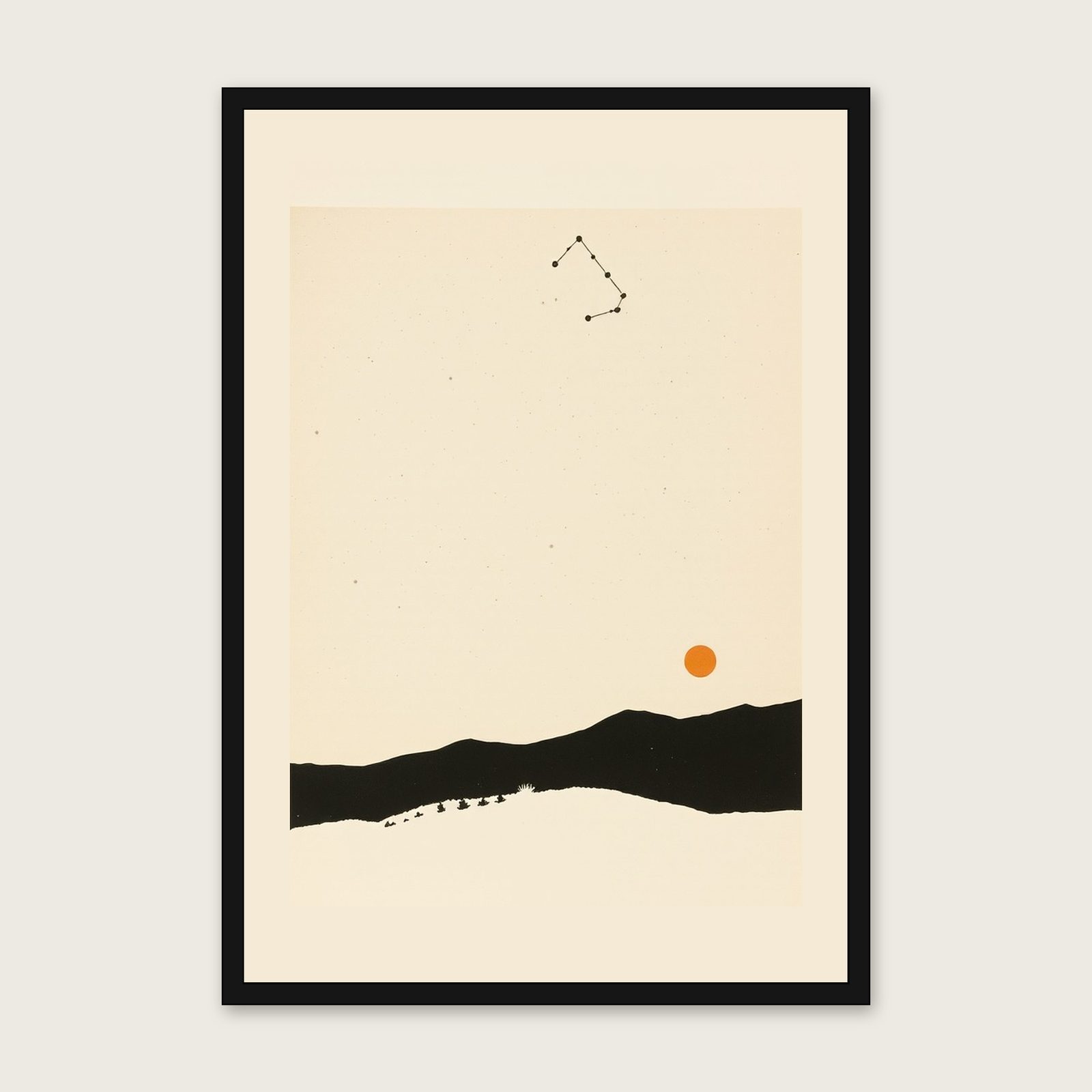 The Constellation Aquila Monotype Print - Framed Neutral & Beige Celestial Wall Art shown in a black frame