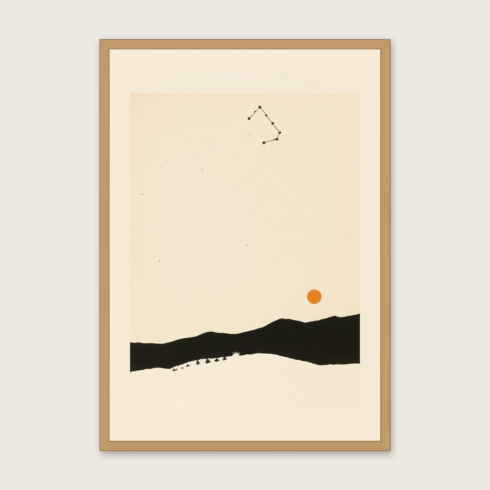The Constellation Aquila Monotype Print - Framed Neutral & Beige Celestial Wall Art in a oak frame