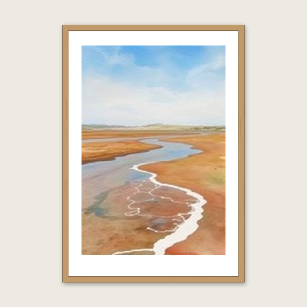 Lunan Bay Watercolour Print - Framed Two Tone Landscape Wall Art - Oak Frame, A3