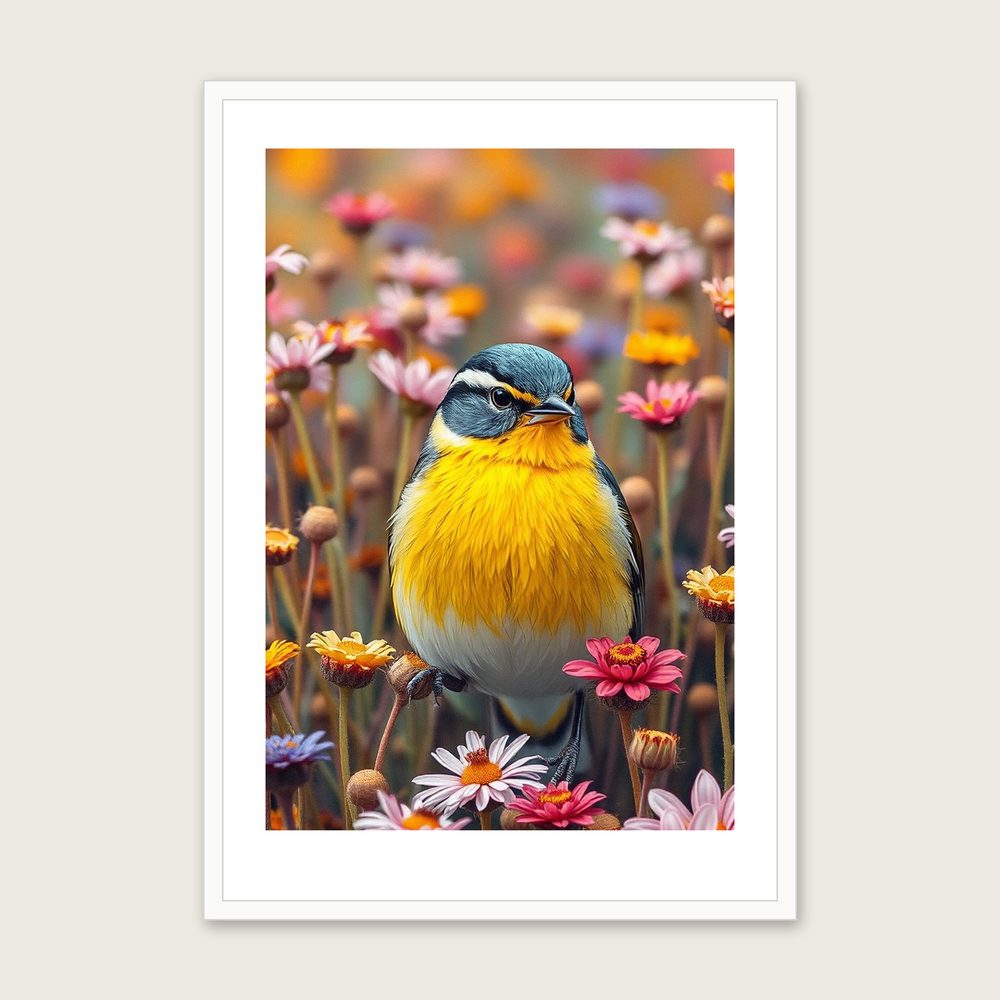 Yellow Wagtail - Framed Palette Knife Animal Print in Colourful - White Frame, A3