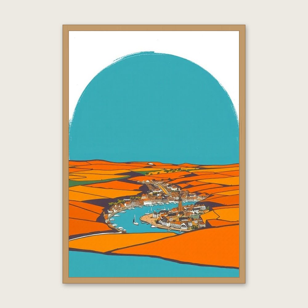 Looe Landscape Wall Art - Framed Bold Colour Gouache Print - Oak Frame, A3