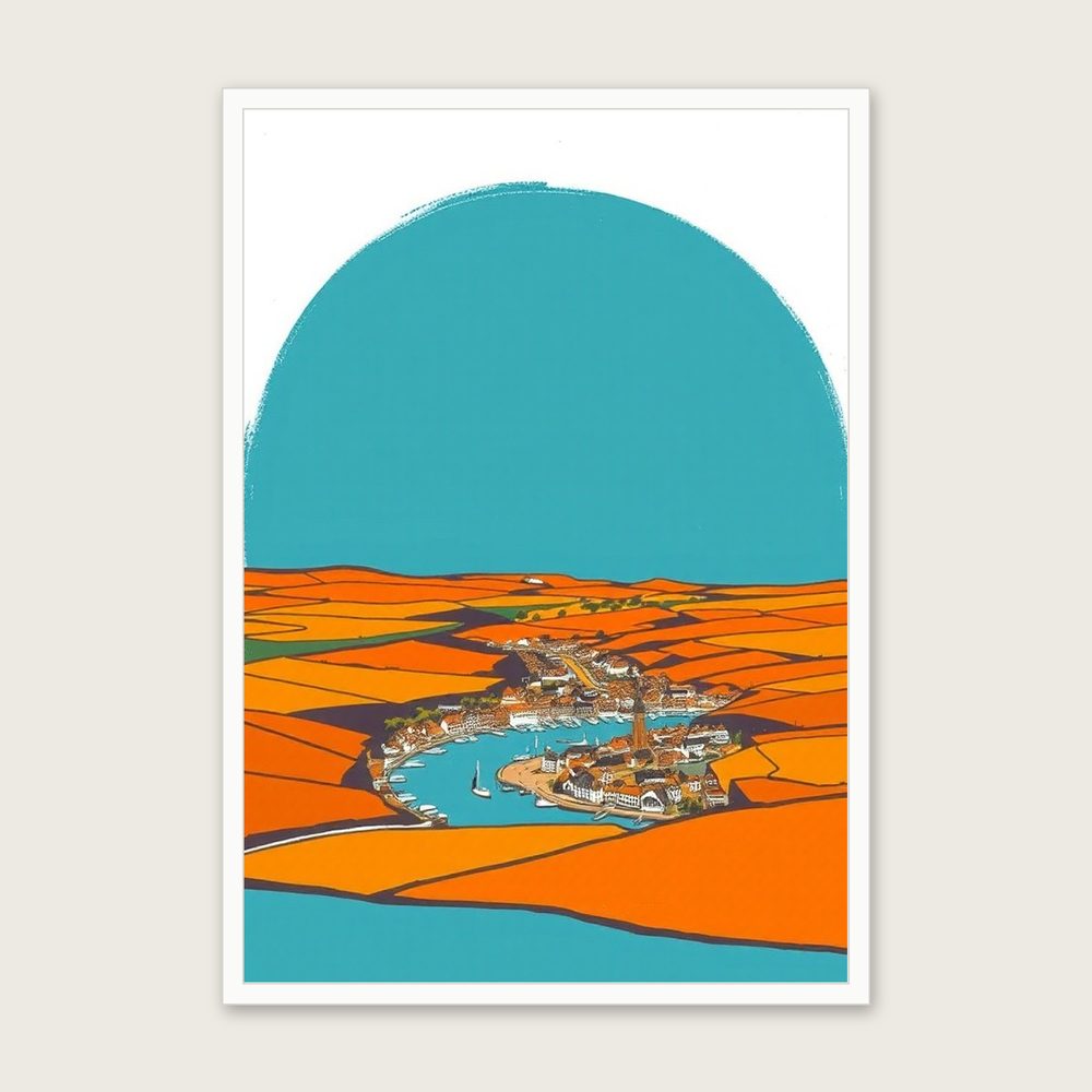 Looe Landscape Wall Art - Framed Bold Colour Gouache Print - White Frame, A3