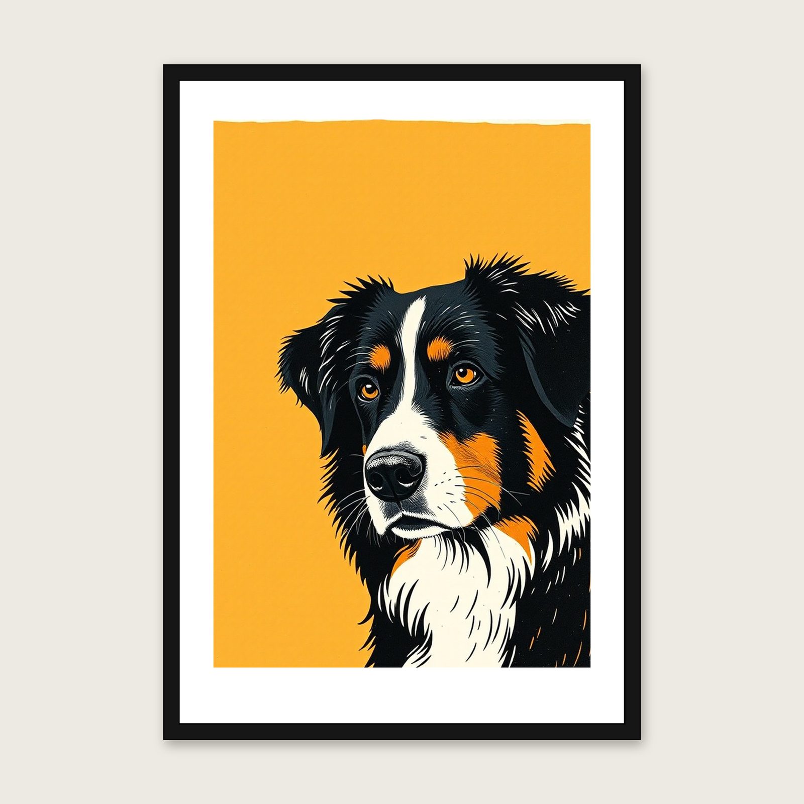 Bernese Mountain Dog - Framed Linocut Animal Print in Two Tone shown in a black frame