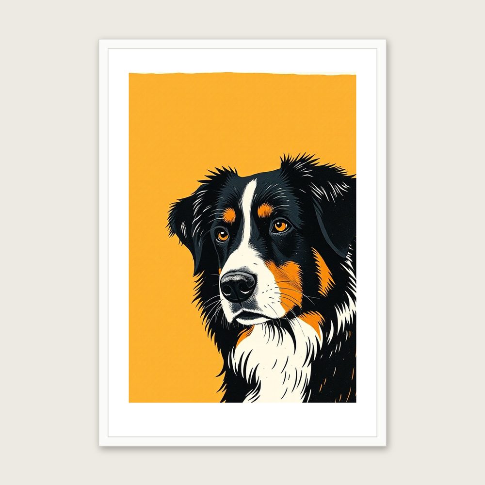 Bernese Mountain Dog - Framed Linocut Animal Print in Two Tone - White Frame, A3