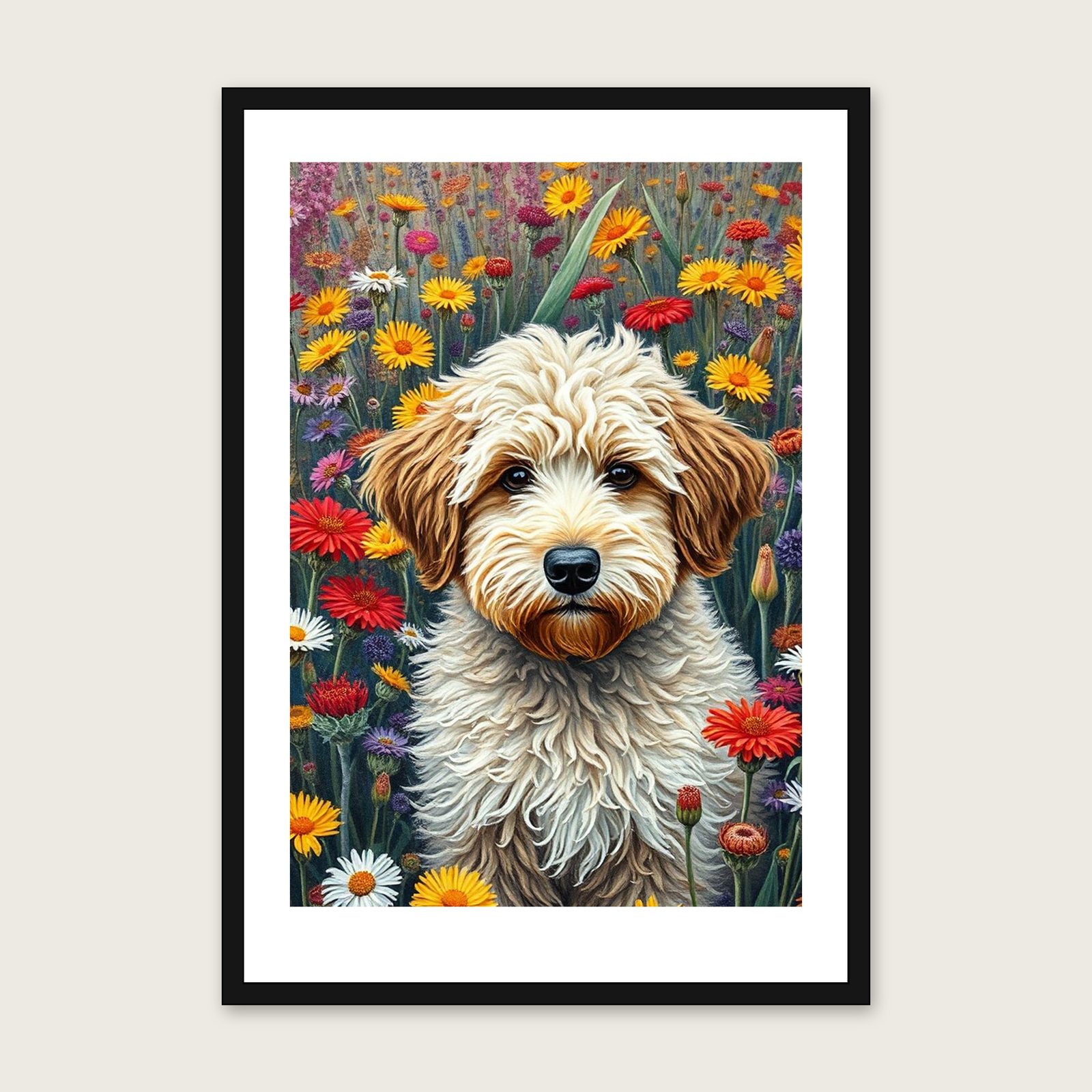 Framed Impasto Print of Labradoodle - Colourful Animal Wall Art in a black frame