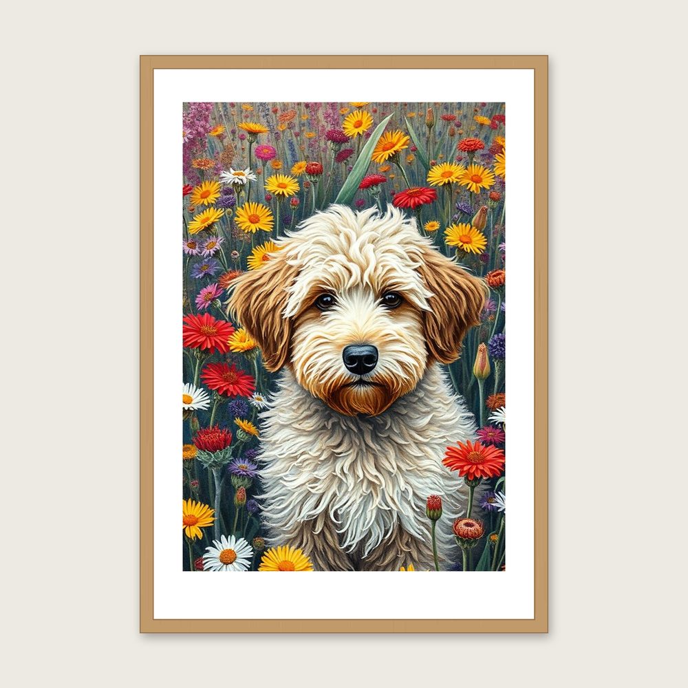Framed Impasto Print of Labradoodle - Colourful Animal Wall Art in a oak frame