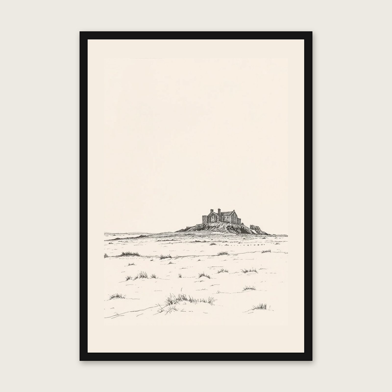 St Abbs - Framed Charcoal Landscape Print in Black & White - Black Frame, A3