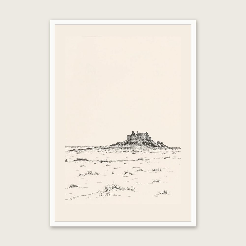 St Abbs - Framed Charcoal Landscape Print in Black & White - White Frame, A3