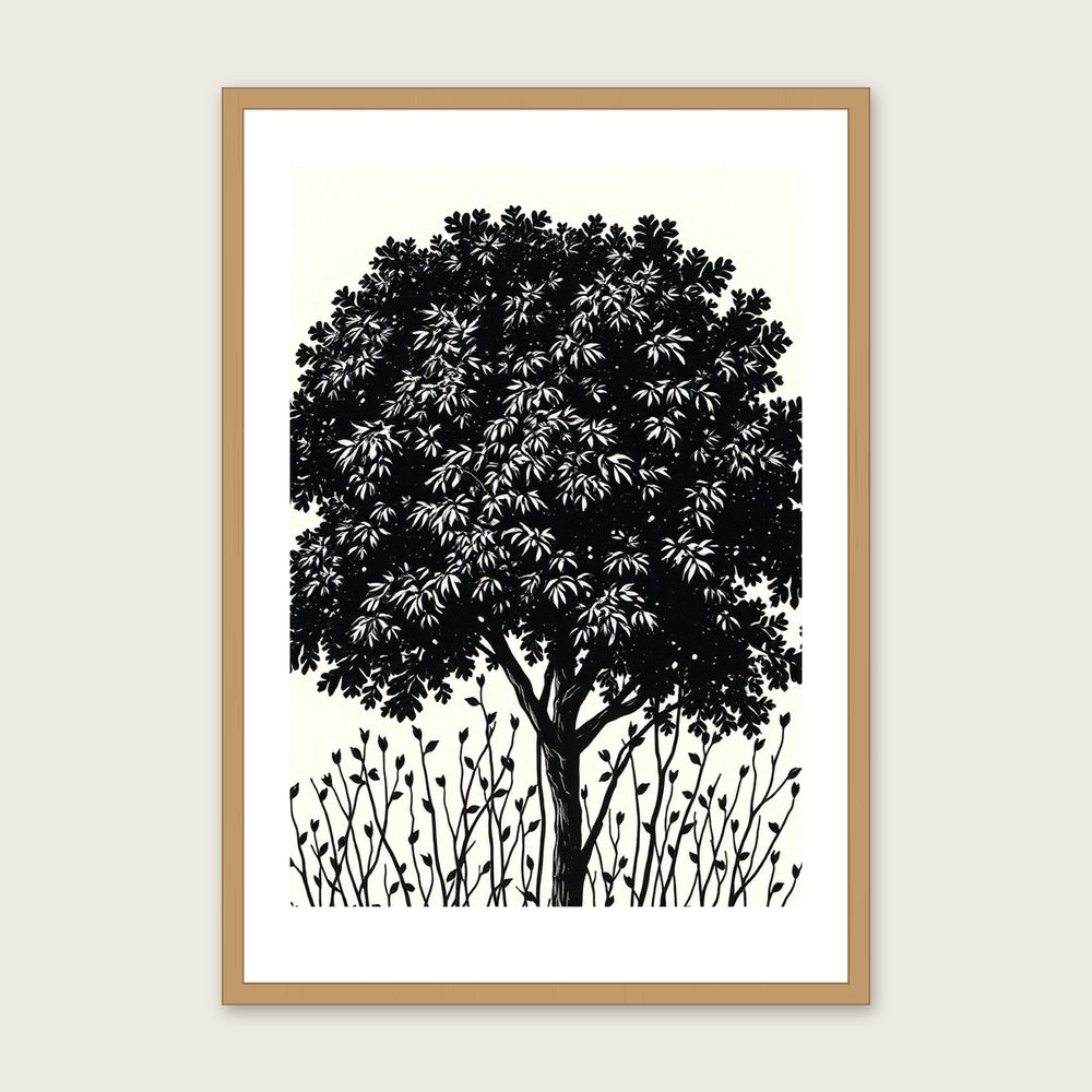 Sycamore Leaf - Framed Linocut Botanical Print in Two Tone in a oak frame