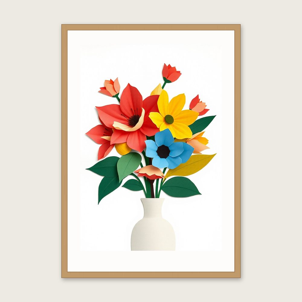 Lavatera Flower Collage Wall Art - Framed Colourful Print - Oak Frame, A3