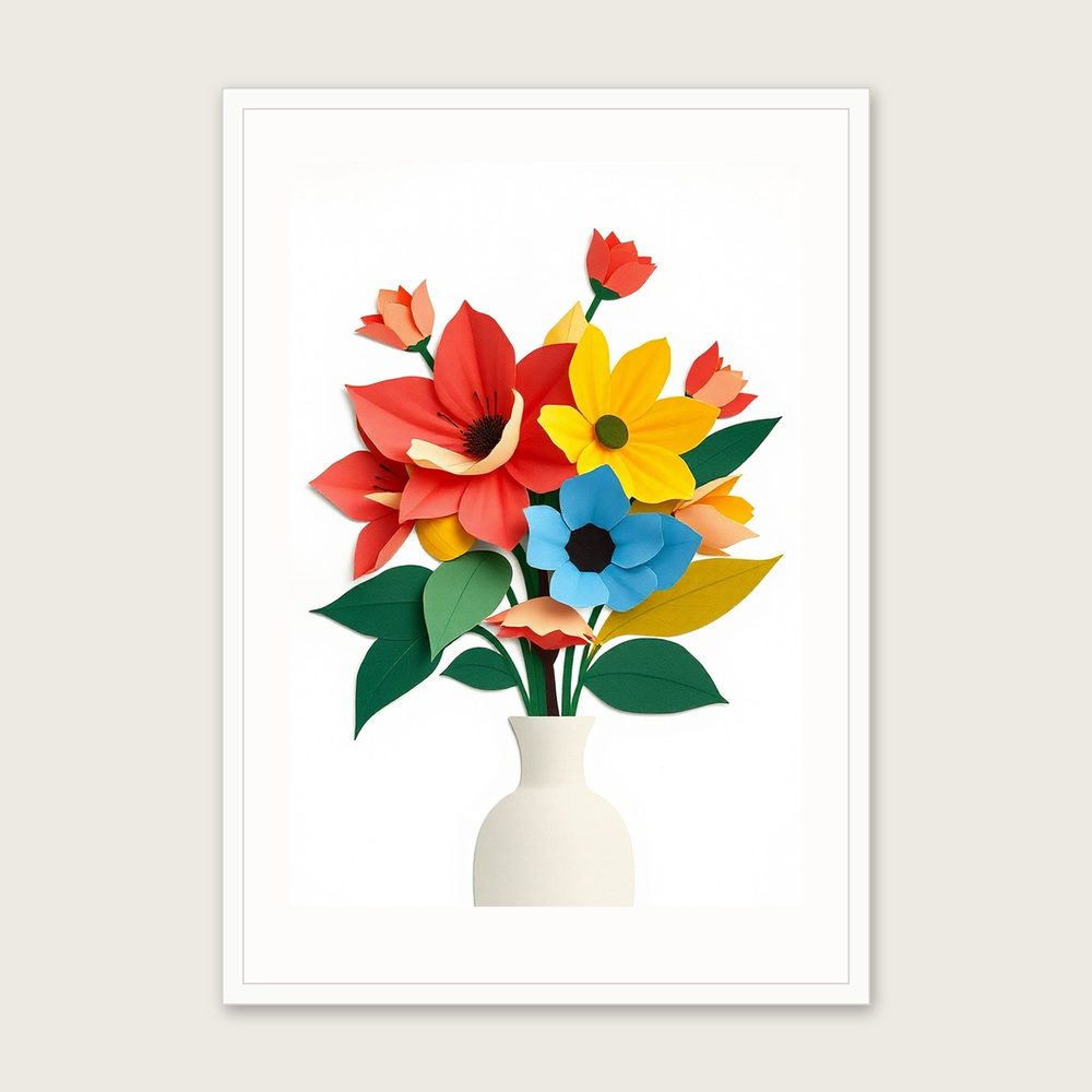 Lavatera Flower Collage Wall Art - Framed Colourful Print in a white frame