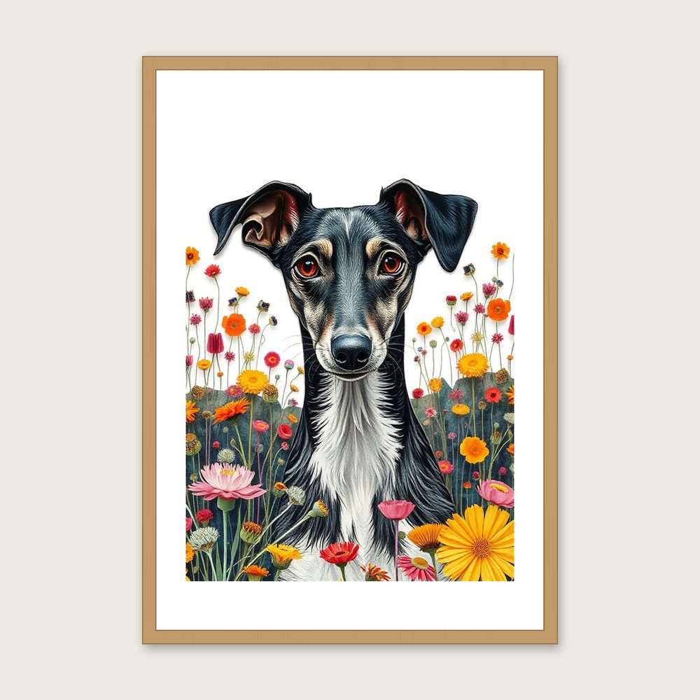 Whippet Long Haired Collage Wall Art - Framed Colourful Print in a oak frame