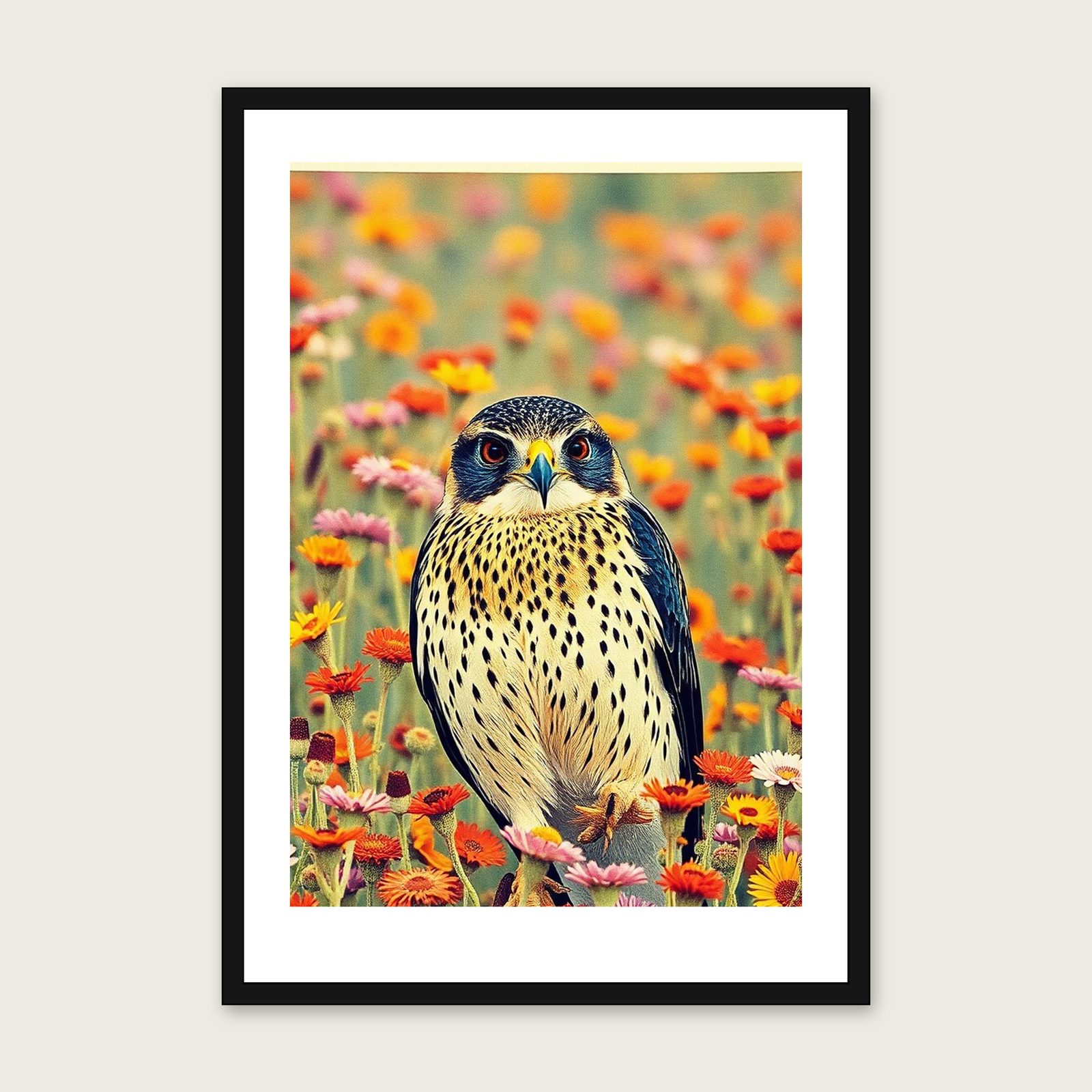 Sparrowhawk Riso Print - Framed Colourful Animal Wall Art shown in a black frame