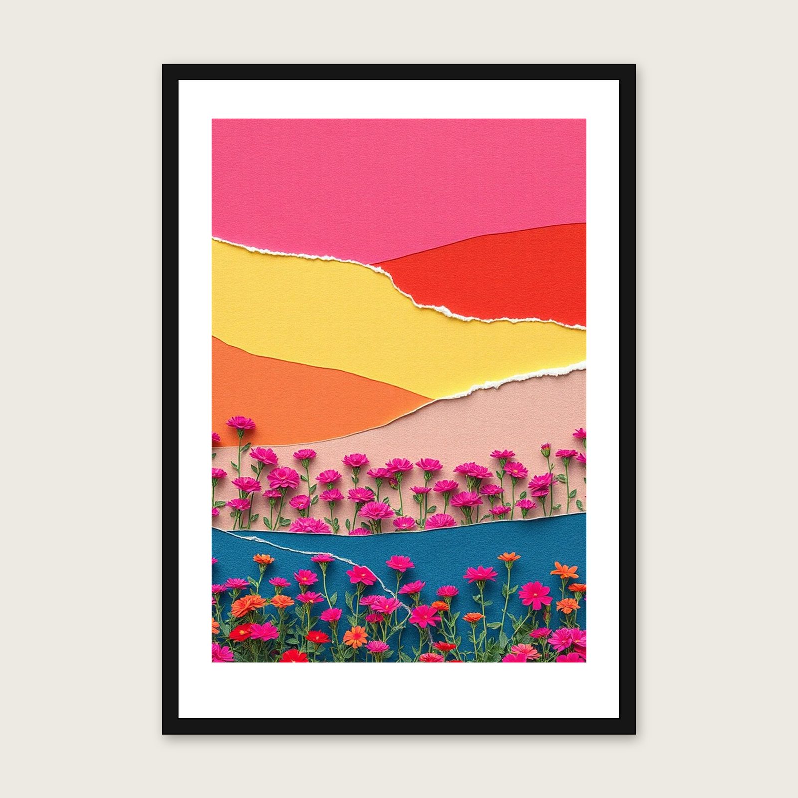 Sweet William Collage Print - Framed Colourful Botanical Wall Art shown in a black frame
