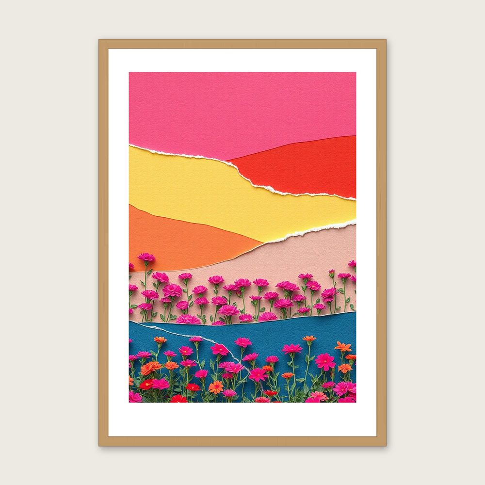 Sweet William Collage Print - Framed Colourful Botanical Wall Art - Oak Frame, A3