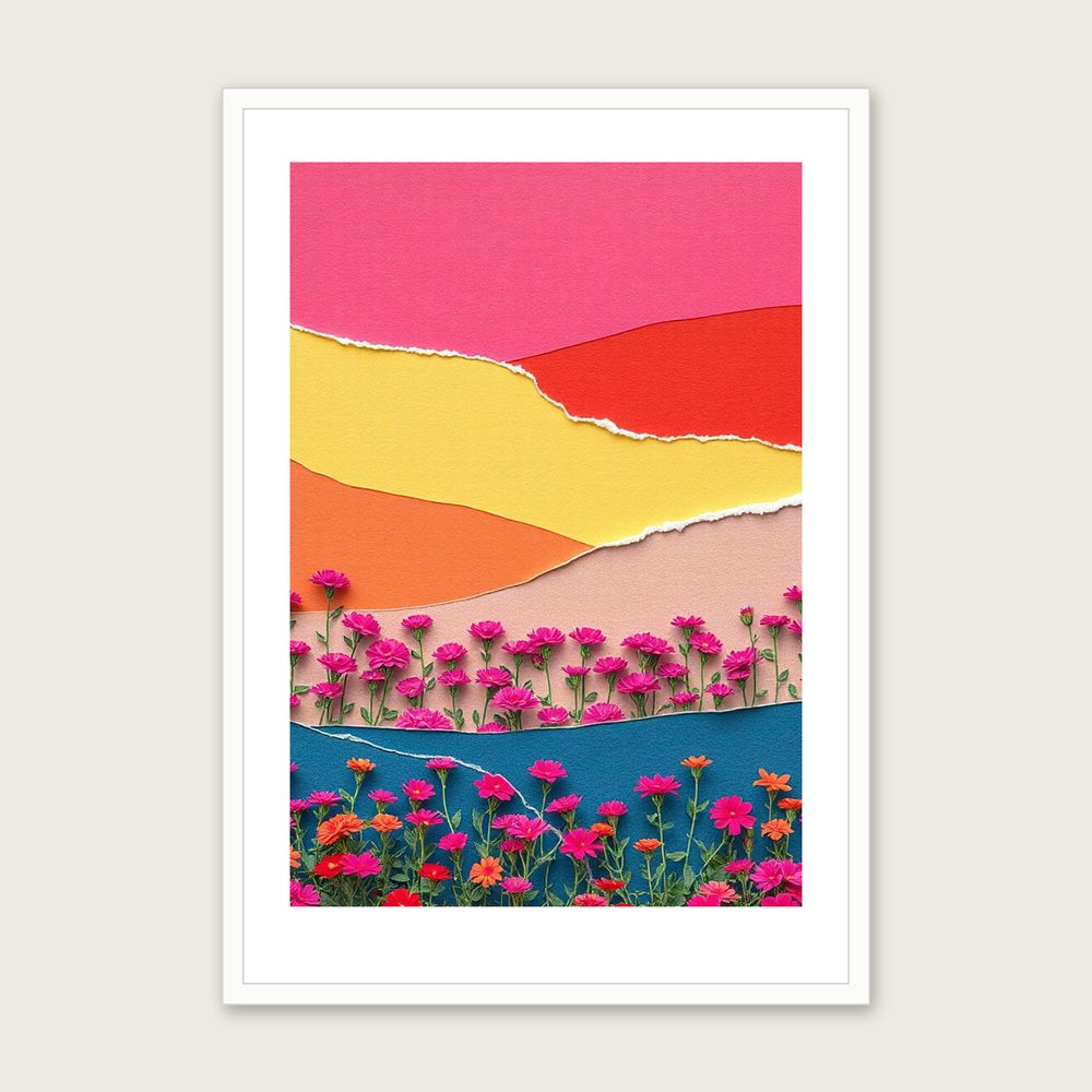 Sweet William Collage Print - Framed Colourful Botanical Wall Art - White Frame, A3