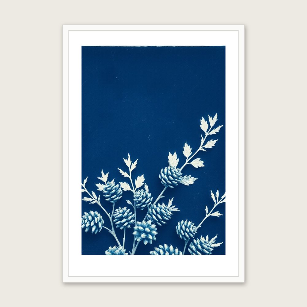 Alder Cones Cyanotype Wall Art - Framed Two Tone Print - White Frame, A3
