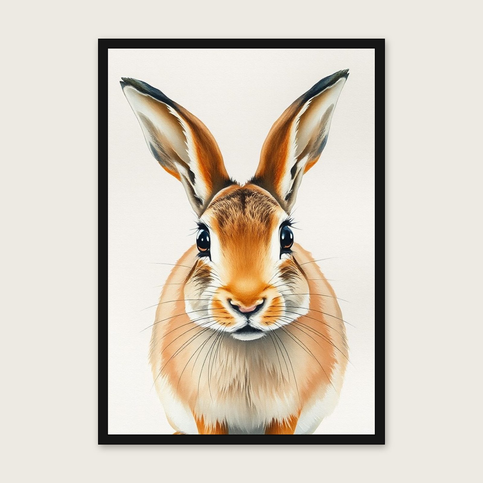 Brown Hare Watercolour Print - Framed Two Tone Animal Wall Art in a black frame