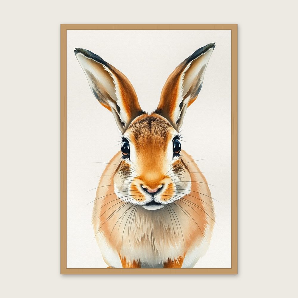 Brown Hare Watercolour Print - Framed Two Tone Animal Wall Art in a oak frame