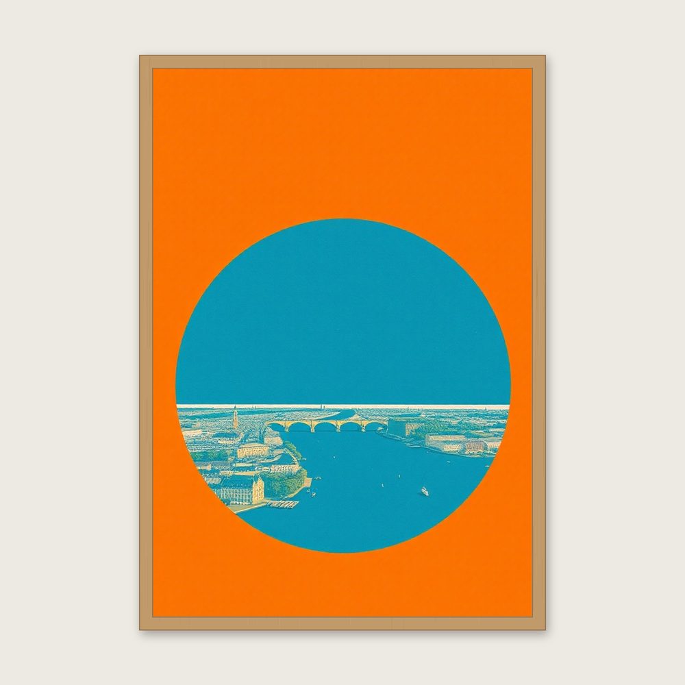 The River Ouse at York - Framed Riso Print Landscape Print in Bold Colour in a oak frame