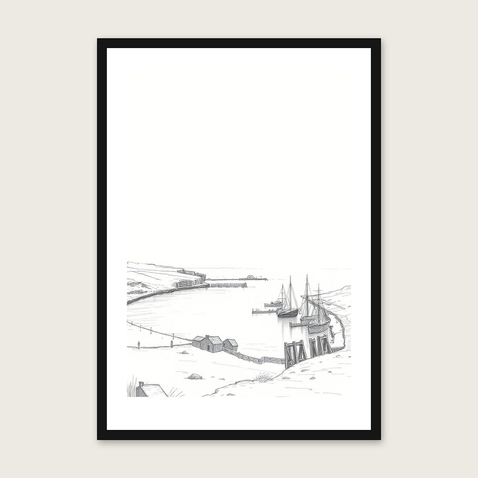 Crail Harbour - Framed Pencil Sketch Landscape Print in Neutral & Beige shown in a black frame