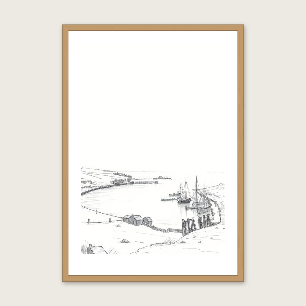 Crail Harbour - Framed Pencil Sketch Landscape Print in Neutral & Beige - Oak Frame, A3