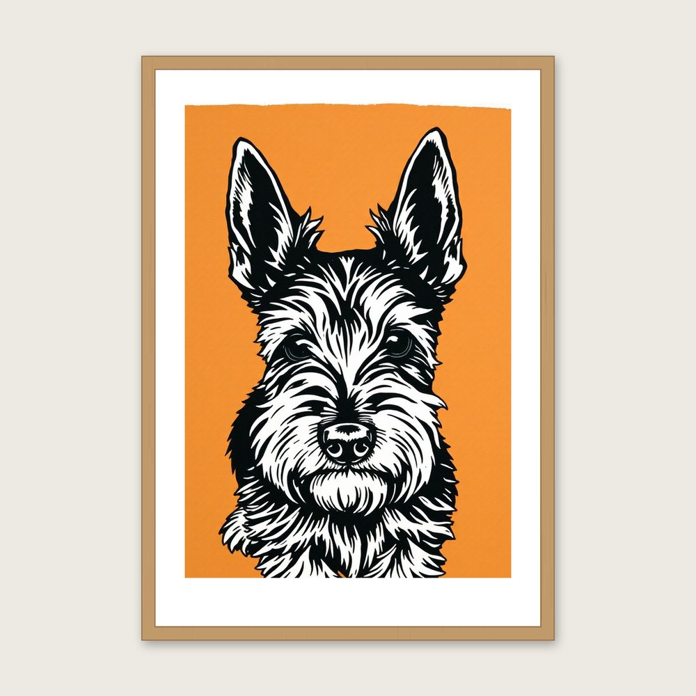 Scottish Terrier Linocut Wall Art - Framed Two Tone Print - Oak Frame, A3