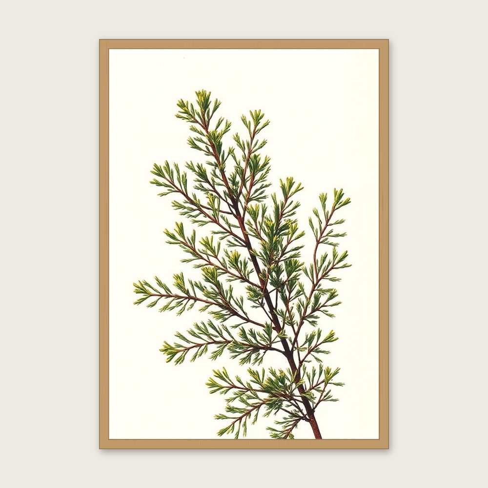 Framed Riso Print of Cedar of Lebanon Branch - Colourful Botanical Wall Art - Oak Frame, A3