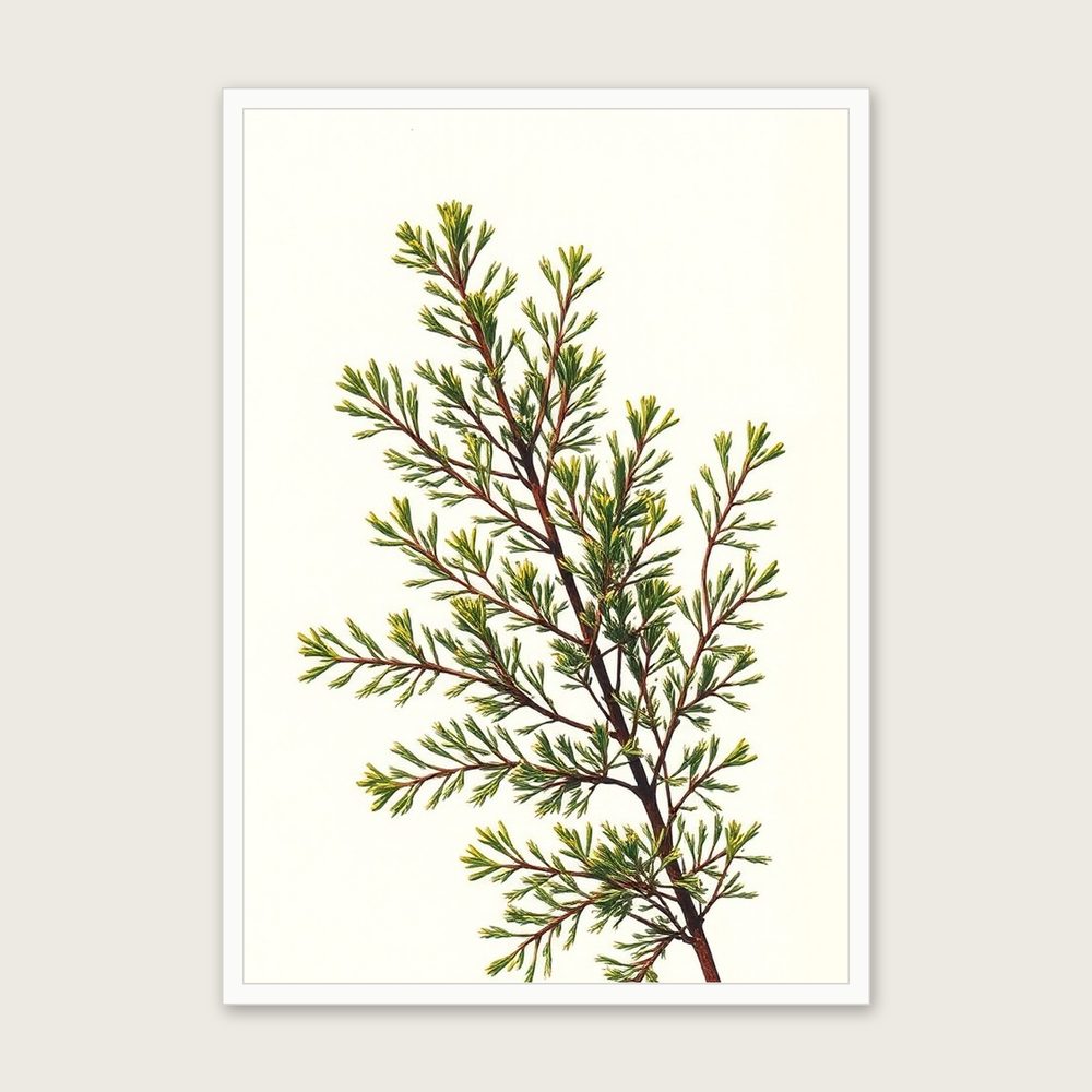 Framed Riso Print of Cedar of Lebanon Branch - Colourful Botanical Wall Art - White Frame, A3