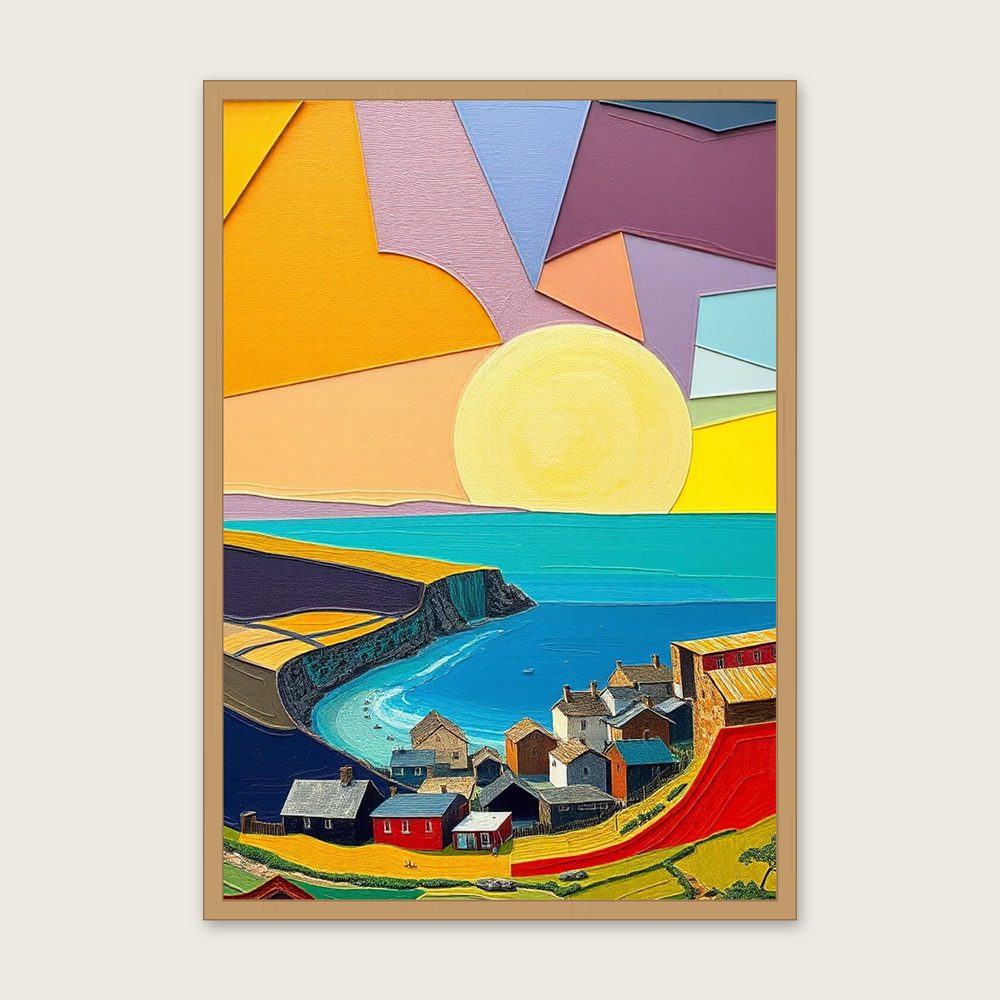 Staithes Palette Knife Print - Framed Colourful Landscape Wall Art in a oak frame