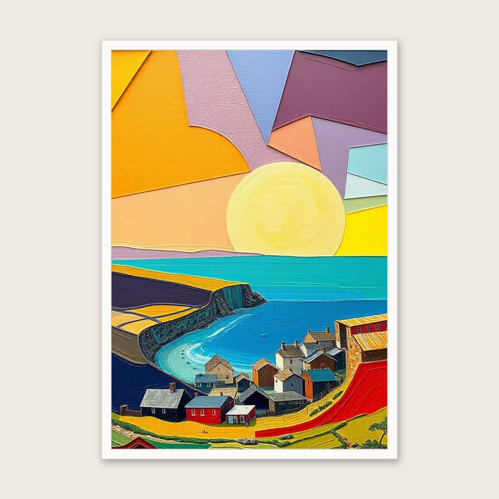 Staithes Palette Knife Print - Framed Colourful Landscape Wall Art in a white frame