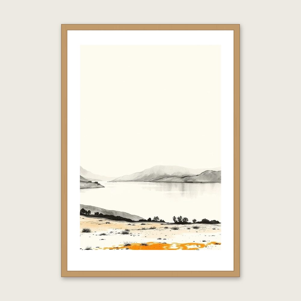 Framed Ink Wash Print of Ullswater - Neutral & Beige Landscape Wall Art in a oak frame
