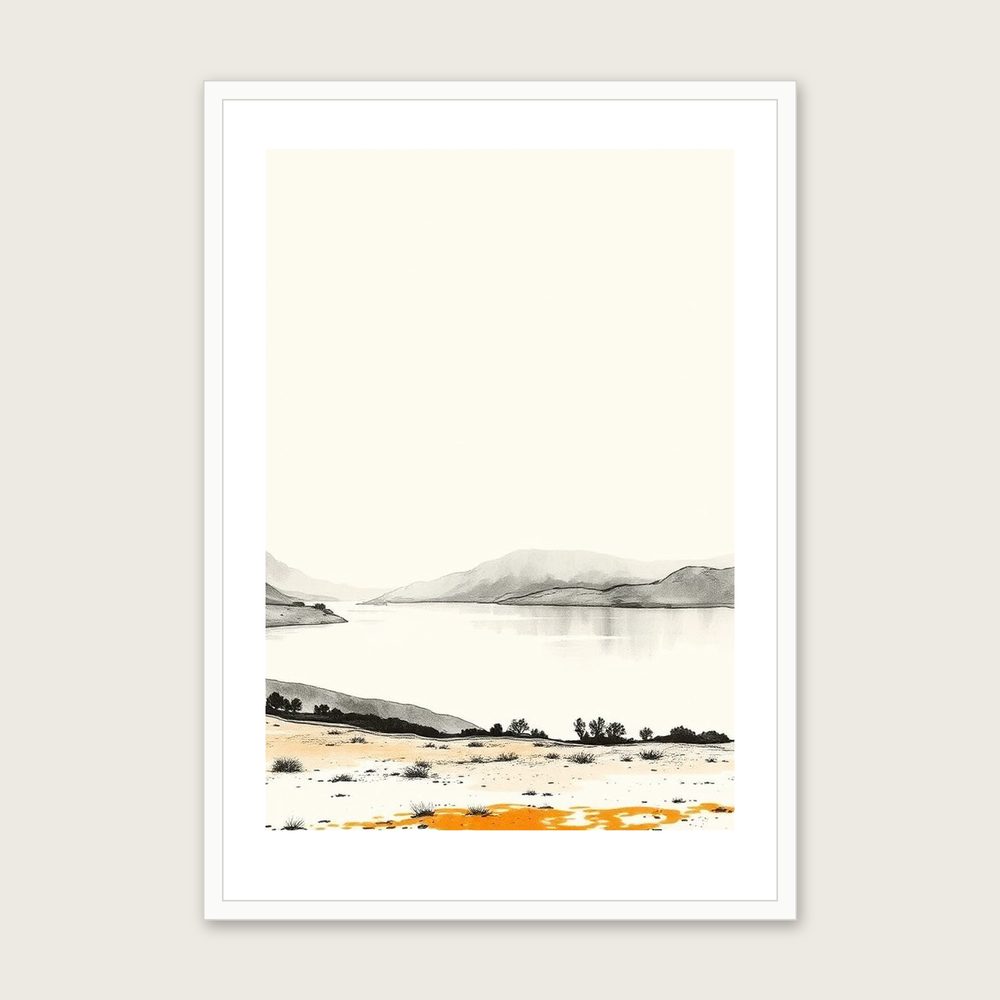 Framed Ink Wash Print of Ullswater - Neutral & Beige Landscape Wall Art in a white frame