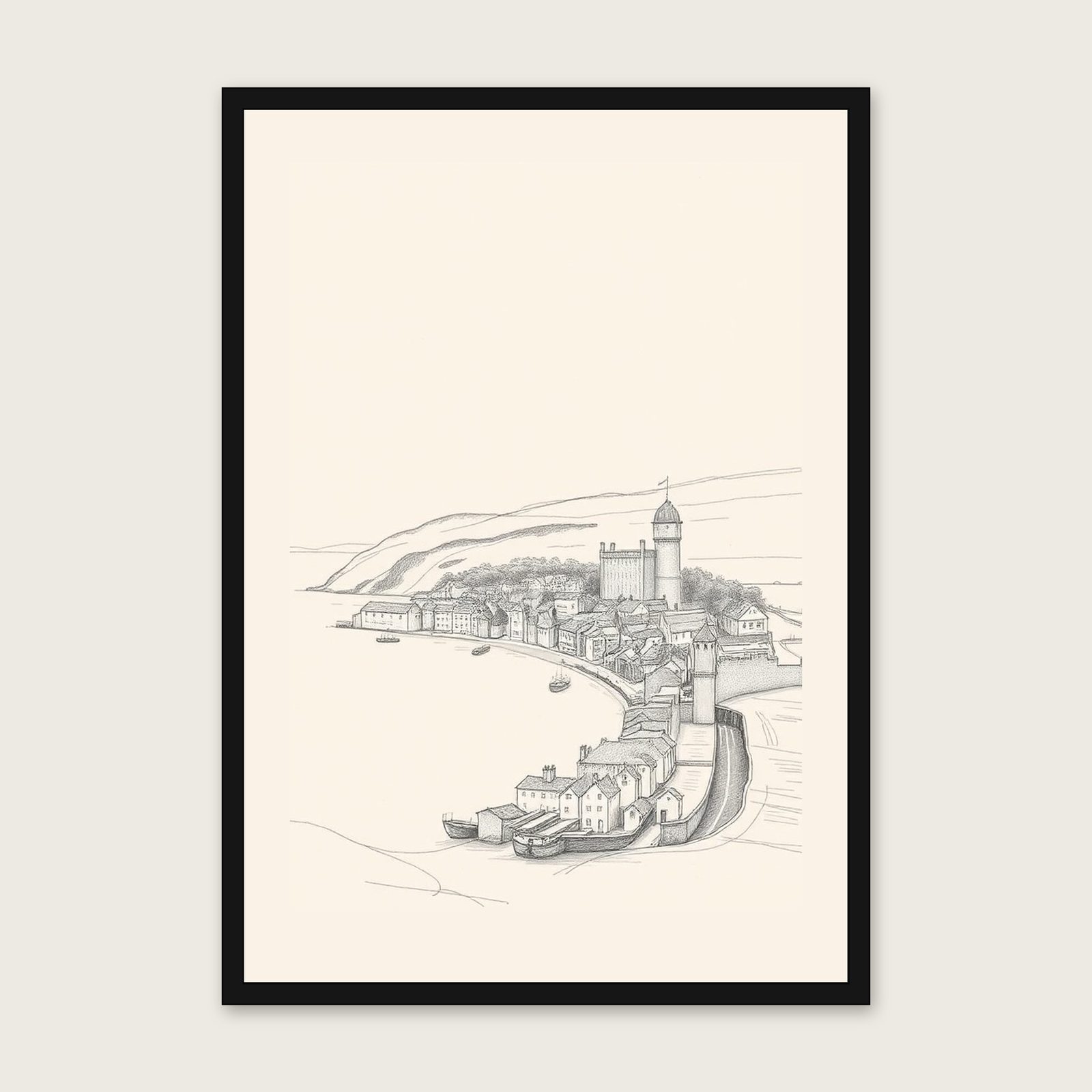 Framed Pencil Sketch Print of Robin Hood's Bay - Neutral & Beige Landscape Wall Art shown in a black frame