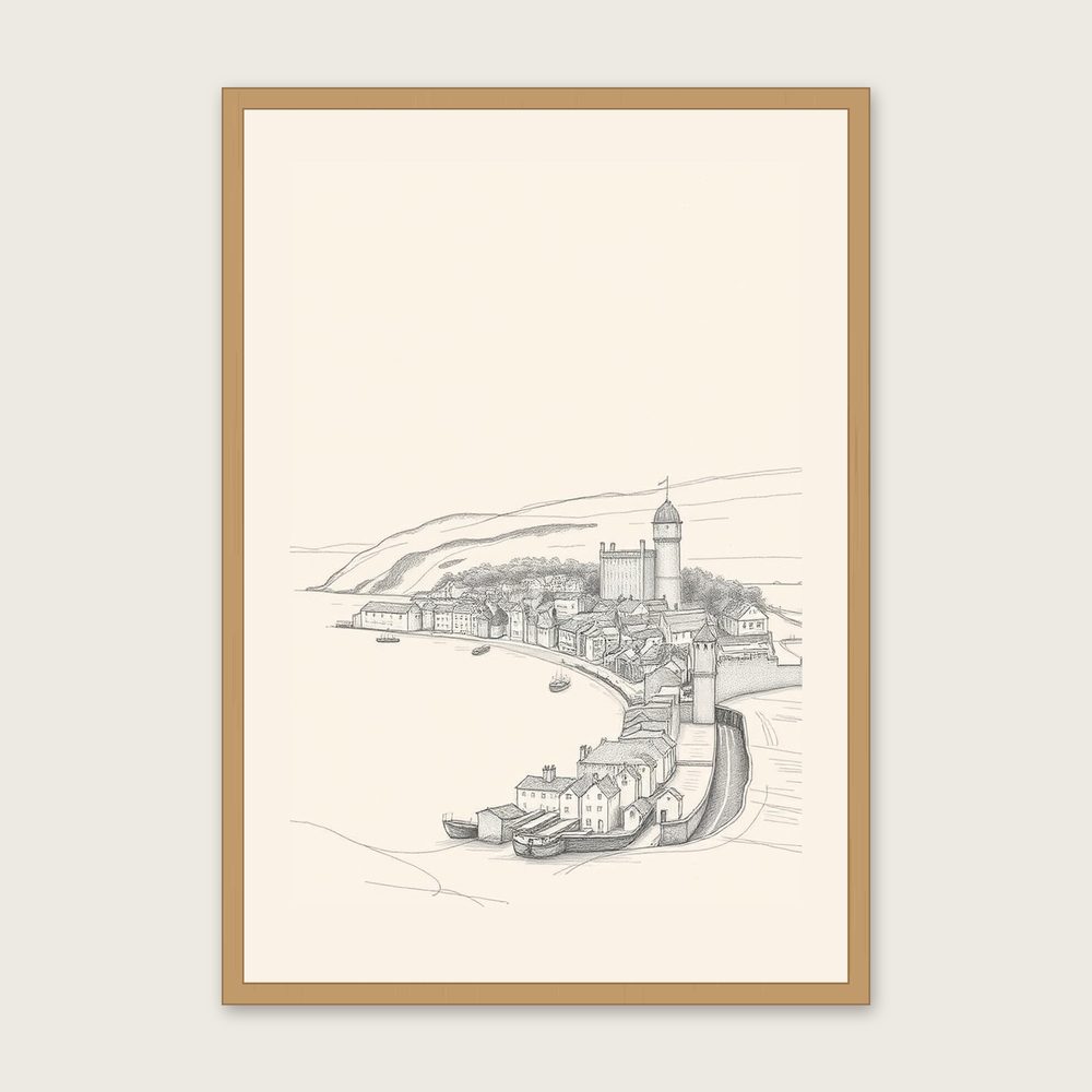 Framed Pencil Sketch Print of Robin Hood's Bay - Neutral & Beige Landscape Wall Art in a oak frame