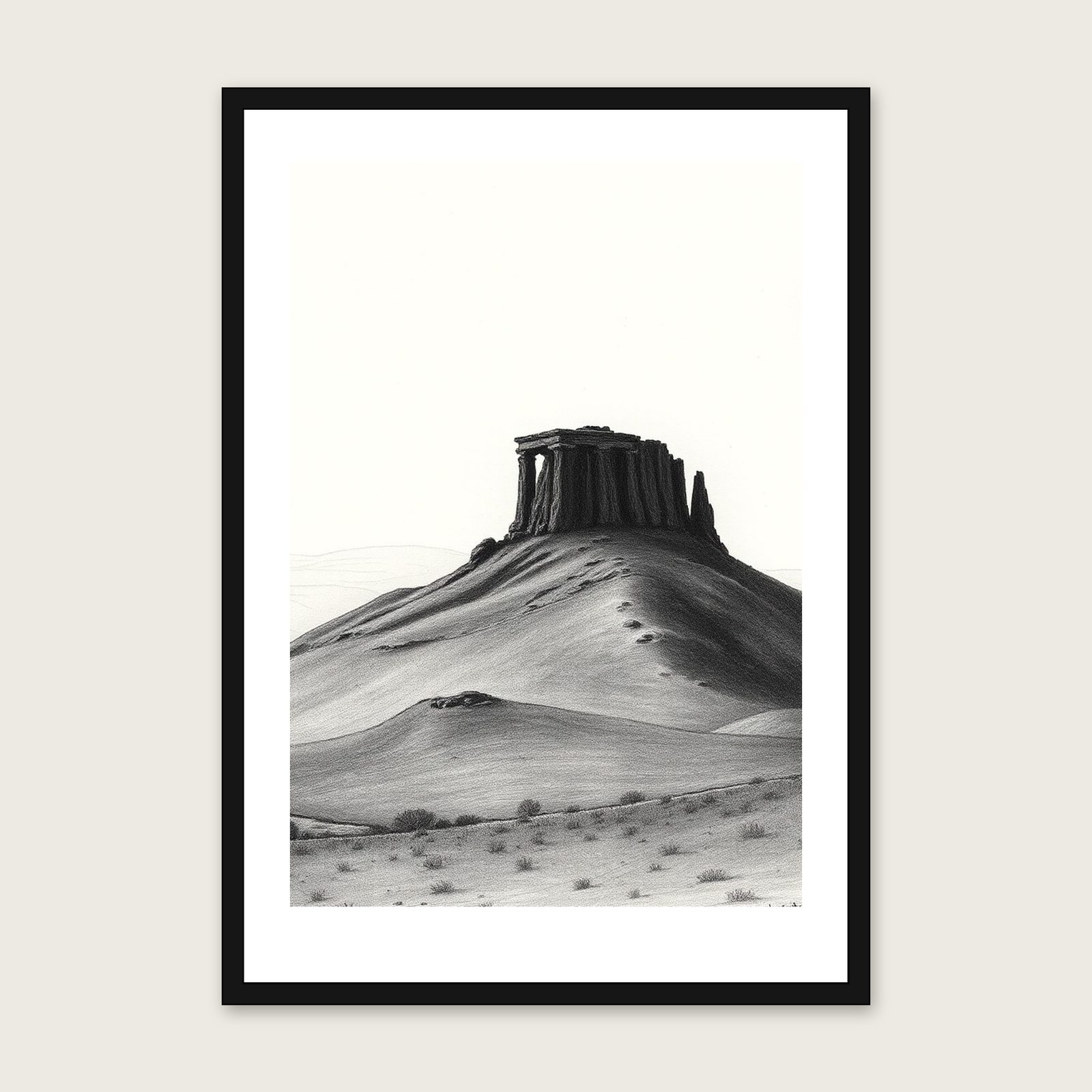 Haytor - Framed Charcoal Landscape Print in Black & White - Black Frame, A3