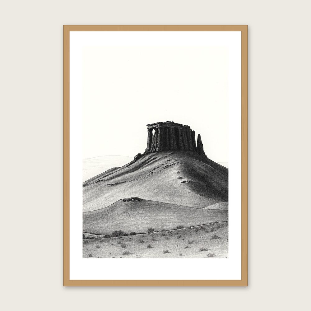 Haytor - Framed Charcoal Landscape Print in Black & White - Oak Frame, A3