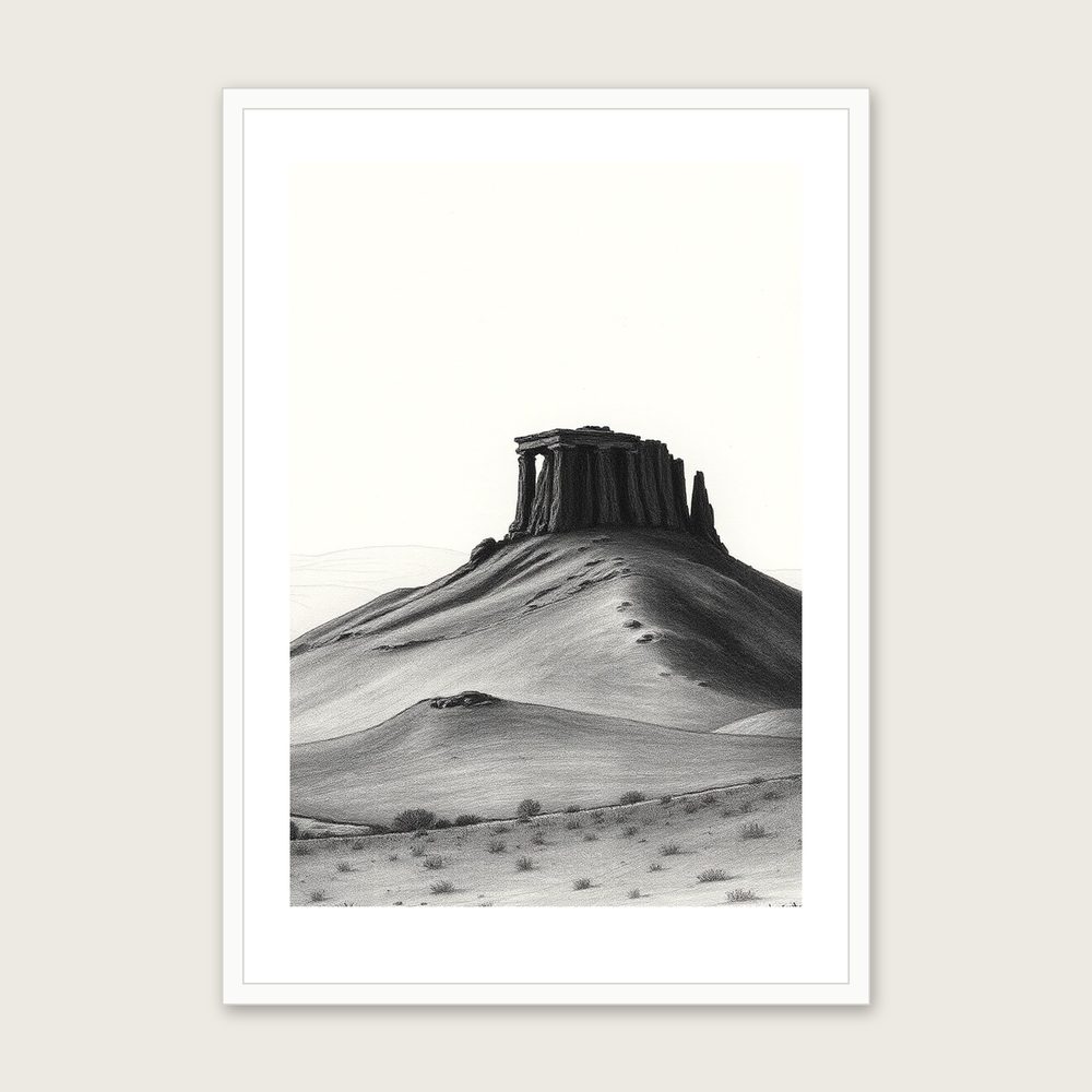 Haytor - Framed Charcoal Landscape Print in Black & White - White Frame, A3