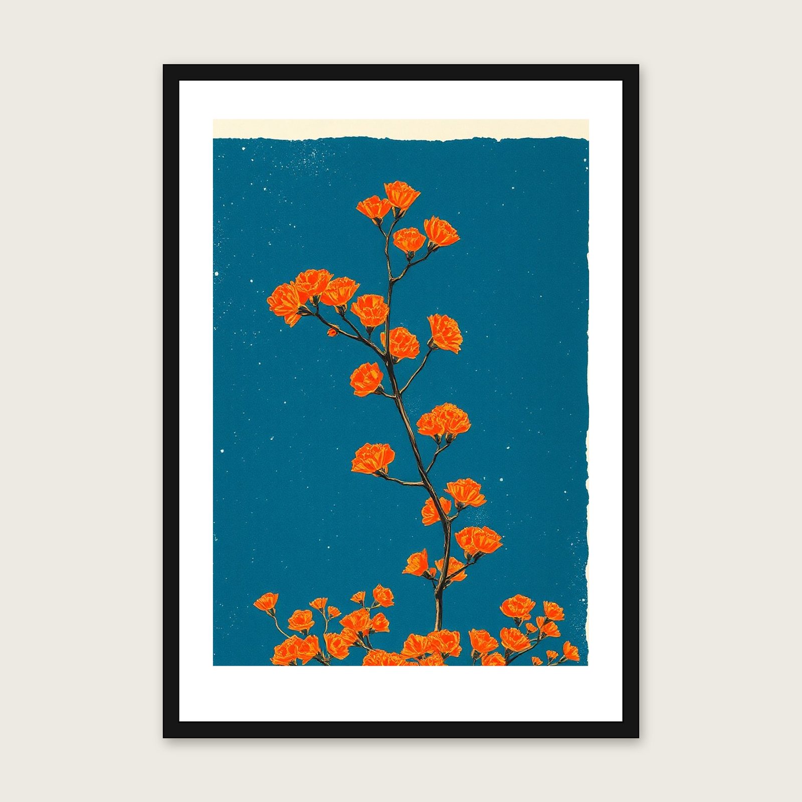 Mimosa Branch Botanical Wall Art - Framed Bold Colour Linocut Print - Black Frame, A3