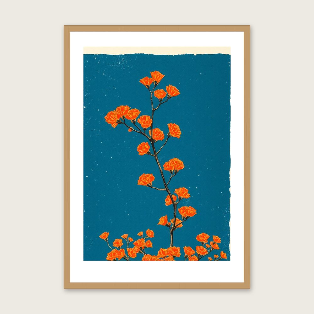 Mimosa Branch Botanical Wall Art - Framed Bold Colour Linocut Print - Oak Frame, A3