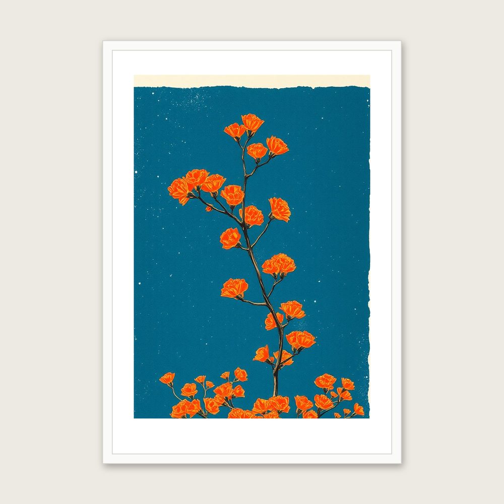 Mimosa Branch Botanical Wall Art - Framed Bold Colour Linocut Print - White Frame, A3
