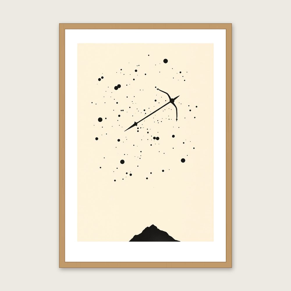 Framed Ink Wash Print of The Constellation Sagittarius - Neutral & Beige Celestial Wall Art - Oak Frame, A3