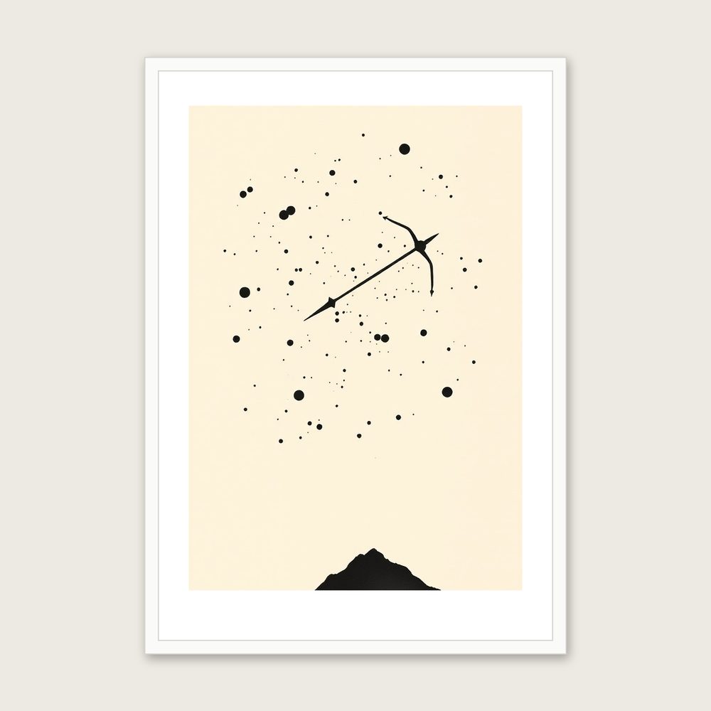 Framed Ink Wash Print of The Constellation Sagittarius - Neutral & Beige Celestial Wall Art - White Frame, A3