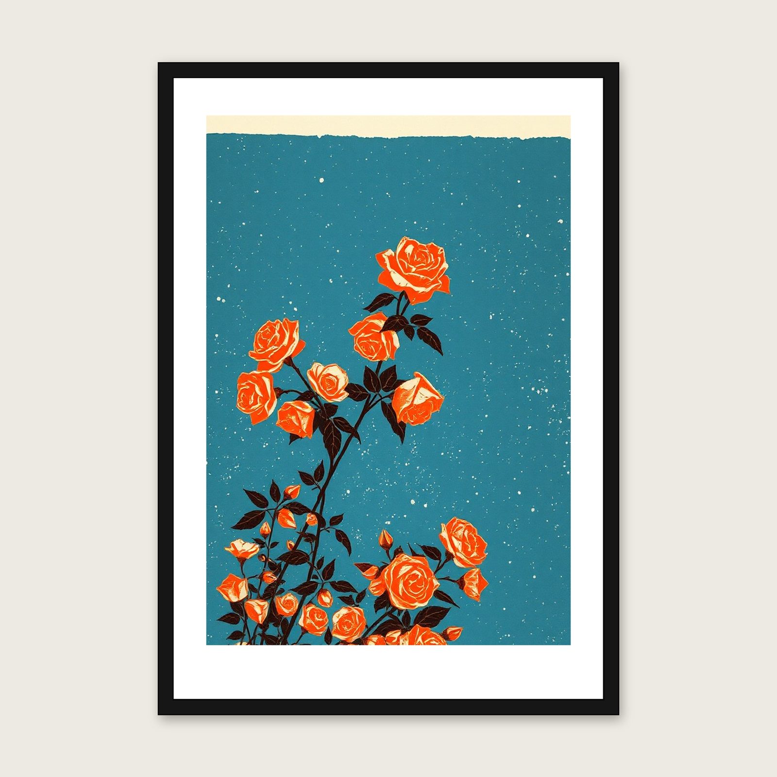 Climbing Rose Botanical Wall Art - Framed Bold Colour Linocut Print - Black Frame, A3