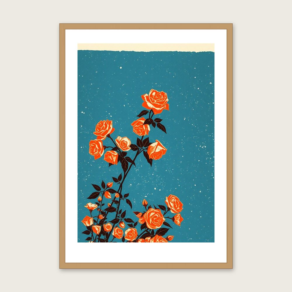 Climbing Rose Botanical Wall Art - Framed Bold Colour Linocut Print - Oak Frame, A3