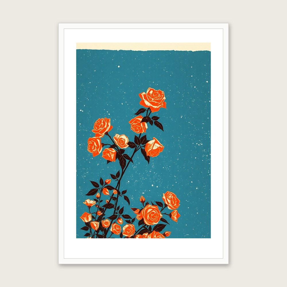 Climbing Rose Botanical Wall Art - Framed Bold Colour Linocut Print - White Frame, A3