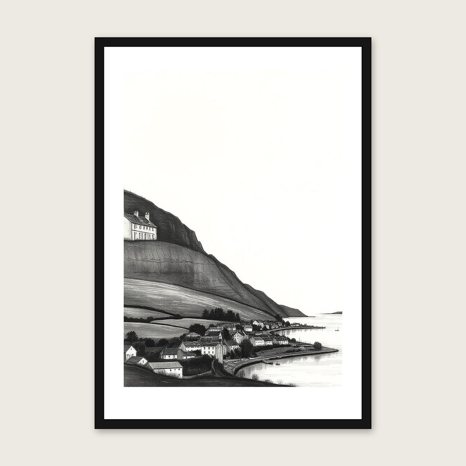 Loch Shiel Charcoal Wall Art - Framed Black & White Print shown in a black frame